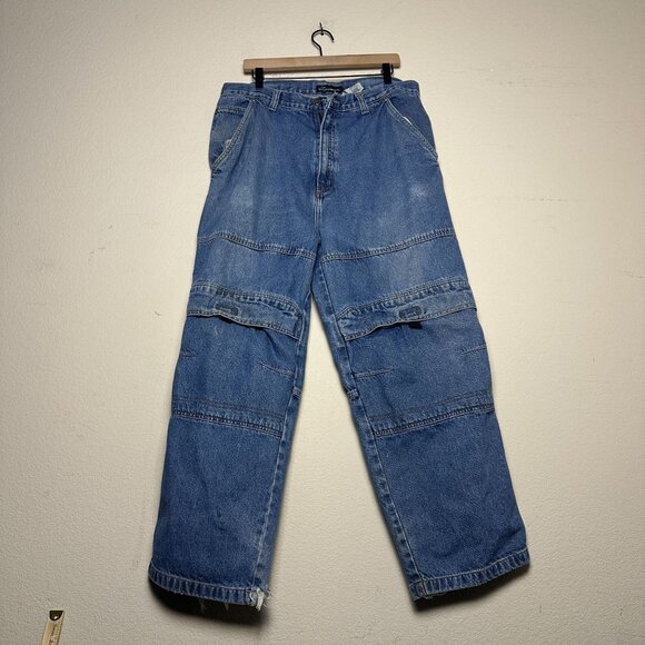 VTG No Boundaries Cargo Carpenter Denim Jean Pant Men 38 Blue Distressed Baggy - Picture 1 of 15